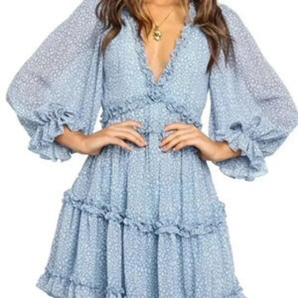 💙 Saints + Secrets Sky Blue Long Sleeve Ruffle Dress - Picture 2 of 7